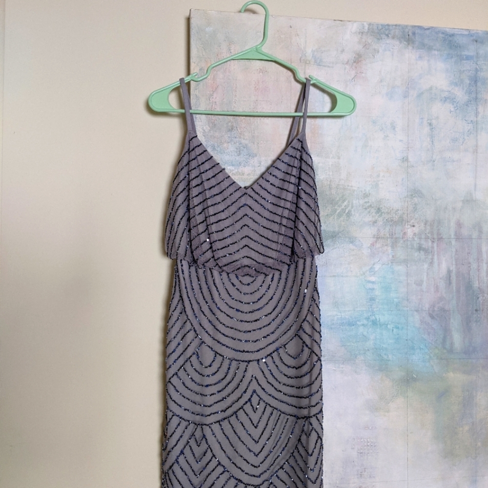 Adrianna Papell-Dusty Blue Beaded Cocktail Dress S